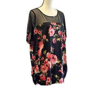 Love J Womens Sheer Blouse Size 3X Black Floral Print Roush Sides Short Sleeve
